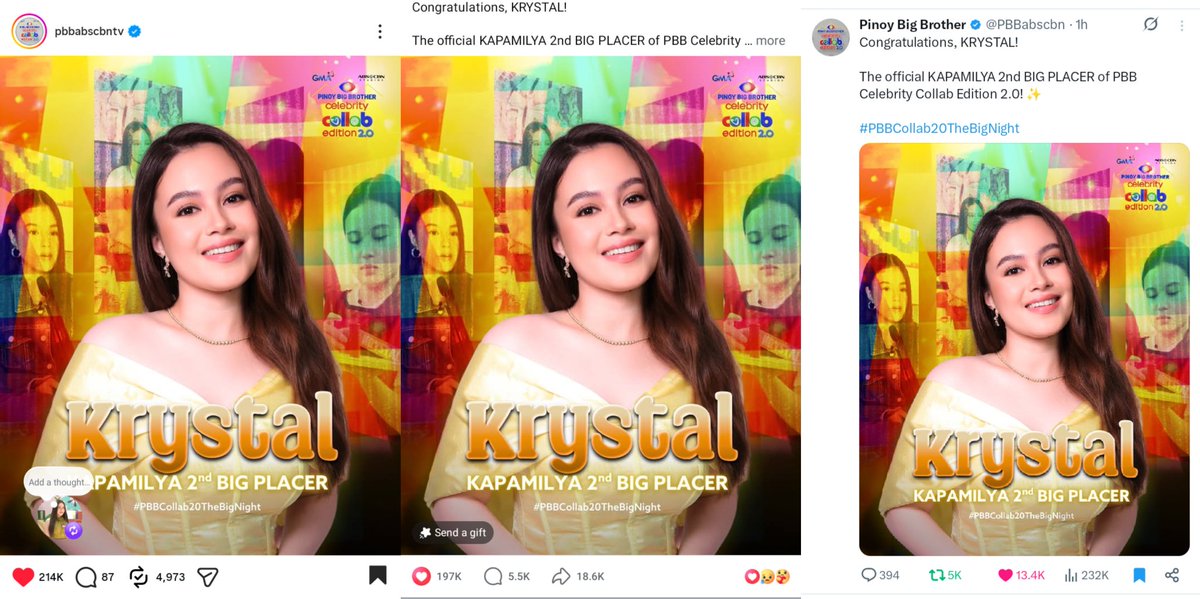 the engagement on krystal’s congratulatory post across different social media platforms after just one hour is insane!

SHINE BRIGHT KRYSTAL
PROUD OF YOU TALA
#PBBCollab20TheBigNight