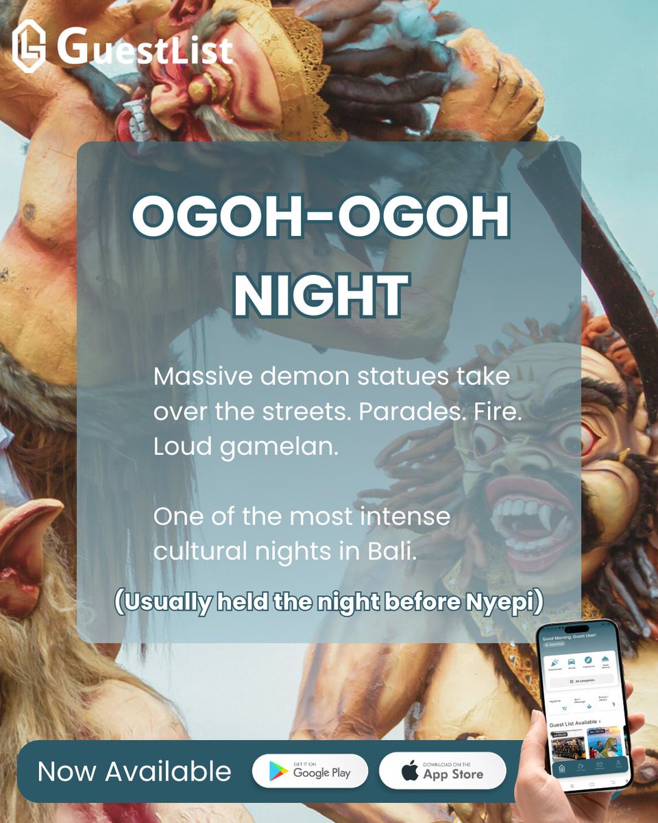guestlistid's tweet photo. What’s Happening in Bali March 2026 🌴

Ogoh-Ogoh parades.
Nyepi silence.
Ramadhan evenings.
Clearer skies and stronger sunsets.

March is where culture, spirituality, and high season energy begin to align. https://t.co/RpTFmVPwI3