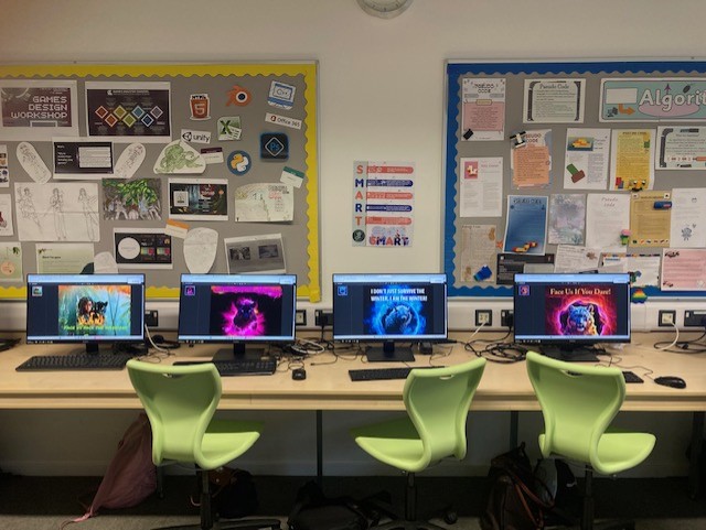 Millais_CompSci's tweet photo. Our KS3 #MillaisComputerScience students have been working on their esports logos for the @DigSchoolhouse  @AdobeExpress creative careers challenge.  We are so proud of their creativity!  Here are some students and logos on display in the school.  #MillaisCreativity https://t.co/Aum3uxC9Um