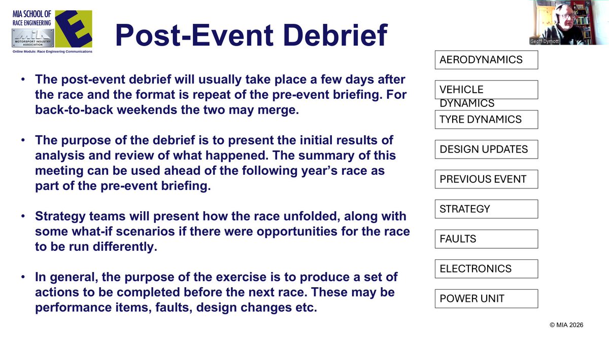 Next up we are exploring the communications required after the race. Race Engineer, Geoff Dymott is taking attendees through debriefs, including when these are with data, video and track maps 📈