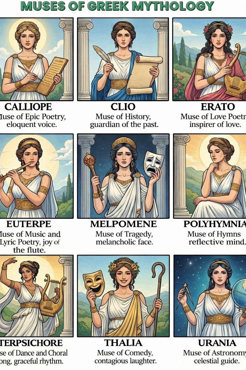 In Ancient Greece, it was believed that great ideas, beautiful melodies, and scientific discoveries did not arise by chance, but rather from a divine spark. This inspiration was brought by the Muses, nine sister goddesses, daughters of Zeus and Mnemosyne.