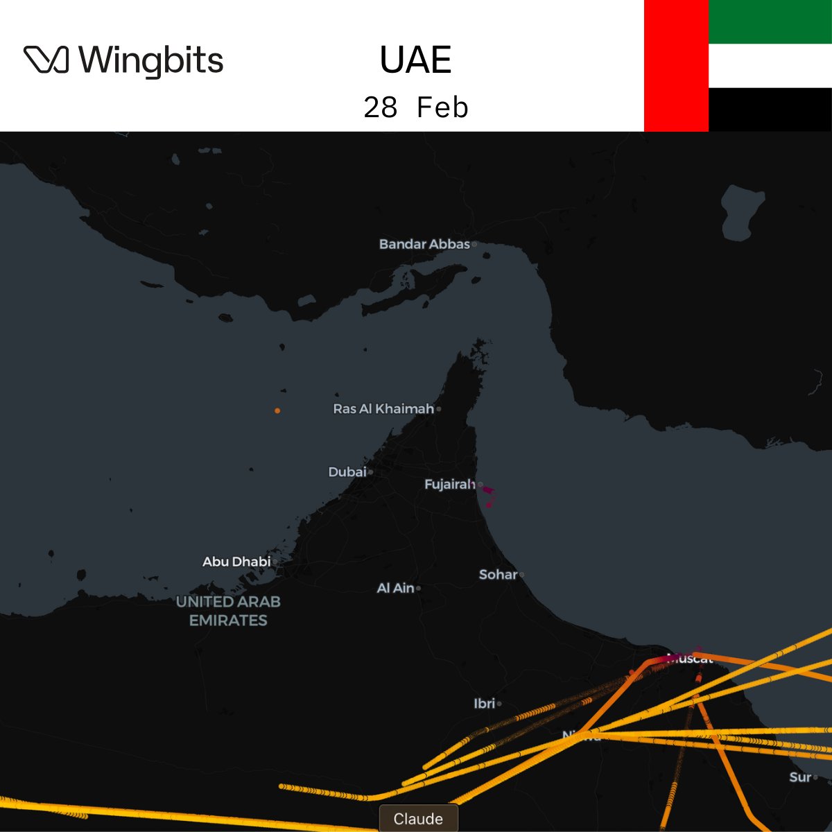wingbits's tweet photo. With rising tensions around Iran and the Middle East, we’re seeing clear shifts in flight patterns across the region — flights rerouted, corridors compressed, and changing activity levels. ✈️📡   

🔹 Altered routes around FIRs across the region 
🔹 Wide detours to avoid restricted airspace  
🔹 Carriers adjusting operations