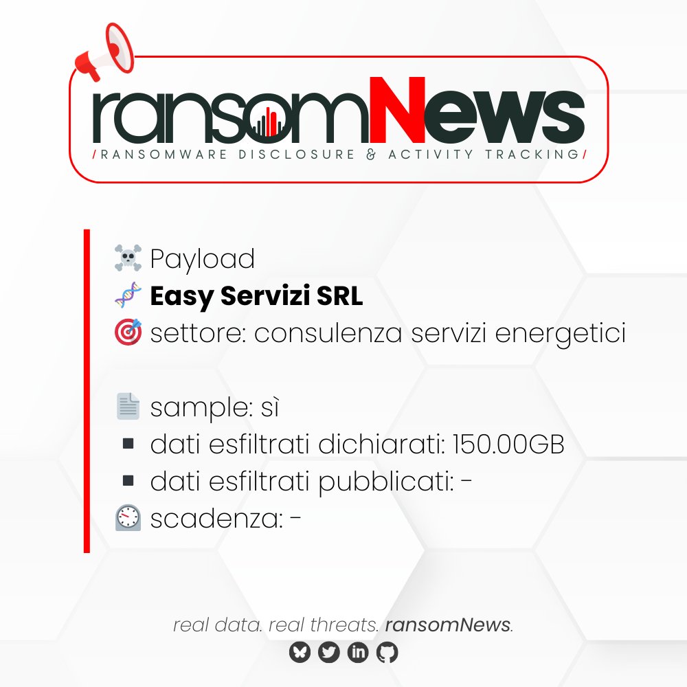 ransomnews's tweet image. 🚨 nuova rivendicazione #ransomware Italia 🚨 

🏴‍☠️ gruppo #Payload
🧬 Easy Servizi SRL | Firenze
🎯 settore: consulenza servizi energetici
🔗 easyservizi.com
🗓️ 28 febbraio 2026

📄 sample: sì
▪️ dati esfiltrati dichiarati: 150.00GB
▪️ dati esfiltrati pubblicati: -
⏲️