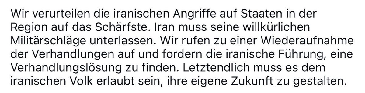 Kein Scherz. Die erste Reaktion von @Bundeskanzler Merz (CDU) nach dem völkerrechtswidrigen Angriffskrieg der USA 🇺🇸 und Israels 🇮🇱 gegen den Iran 🇮🇷 ist es, den Iran, und nur den Iran, für „Angriffe“ und „willkürliche Militärschläge“ zu verurteilen.