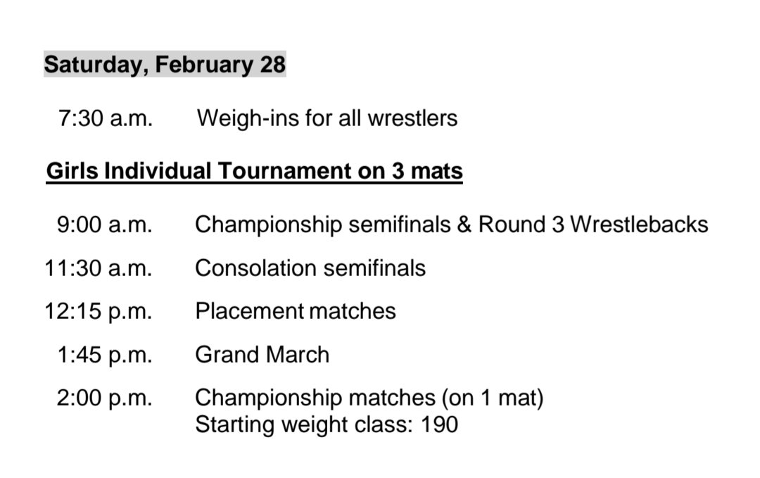 STL_Athletics's tweet photo. Today's schedule for the girls wrestling state finals. Good luck to Nina Nesci who is in the semifinals of the 120 lb weight class! #DefendtheGlory #TheGoldSTANDARD https://t.co/EKn0LA0JwV