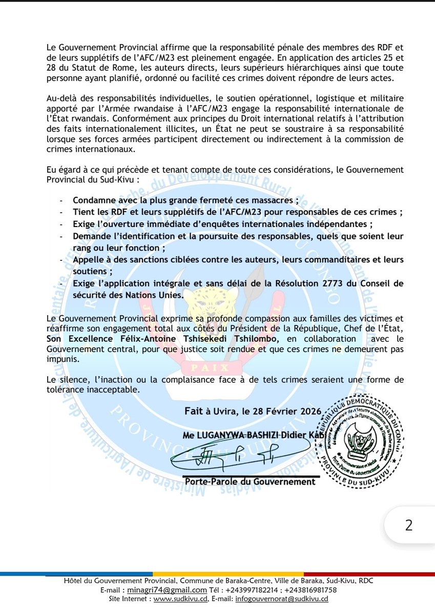 #SK: Afin que nul ne prétexte ignorance , le <a href="/SudkivuGouv/">Gouvernorat I Sud-kivu officiel</a> condamne le massacre de 151 personnes tuées et enterrées dans deux fosses communes dans les quartiers Kavinvira et Kilomoni à Uvira par les RDF et  L'AFC-M23. Enquête doit être menée pour que justice soit faite.