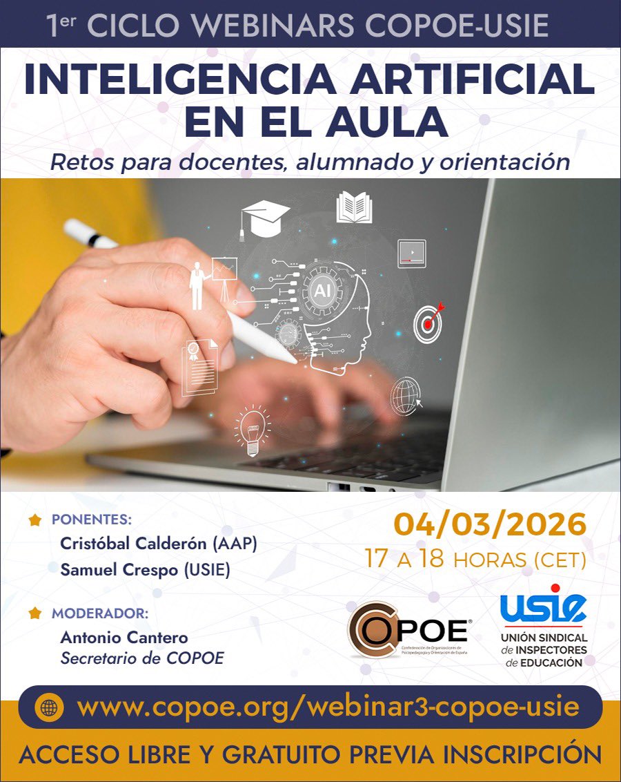 USIE_inspeccion's tweet photo. 🤖La #InteligenciaArtificial ya está en el aula

En el 1️⃣er Ciclo de Webinars COPOE–USIE abordamos los retos para docentes, alumnado y orientación ante este nuevo escenario educativo. 

🗓 4 de marzo de 2026
⏰ 17:00–18:00 h

INSCRIPCIÓN GRATUITA
https://t.co/FwKquAQnub https://t.co/LjGoyWC3KV