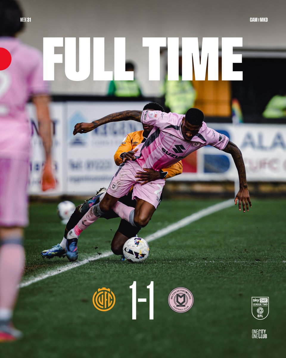MKDonsFC's tweet photo. Full-Time! ⏹️

Late drama in Cambridge sees the Dons leave with a point! 🤝

#CAMMKD 1-1 | #COYD https://t.co/nCn08boC0Z