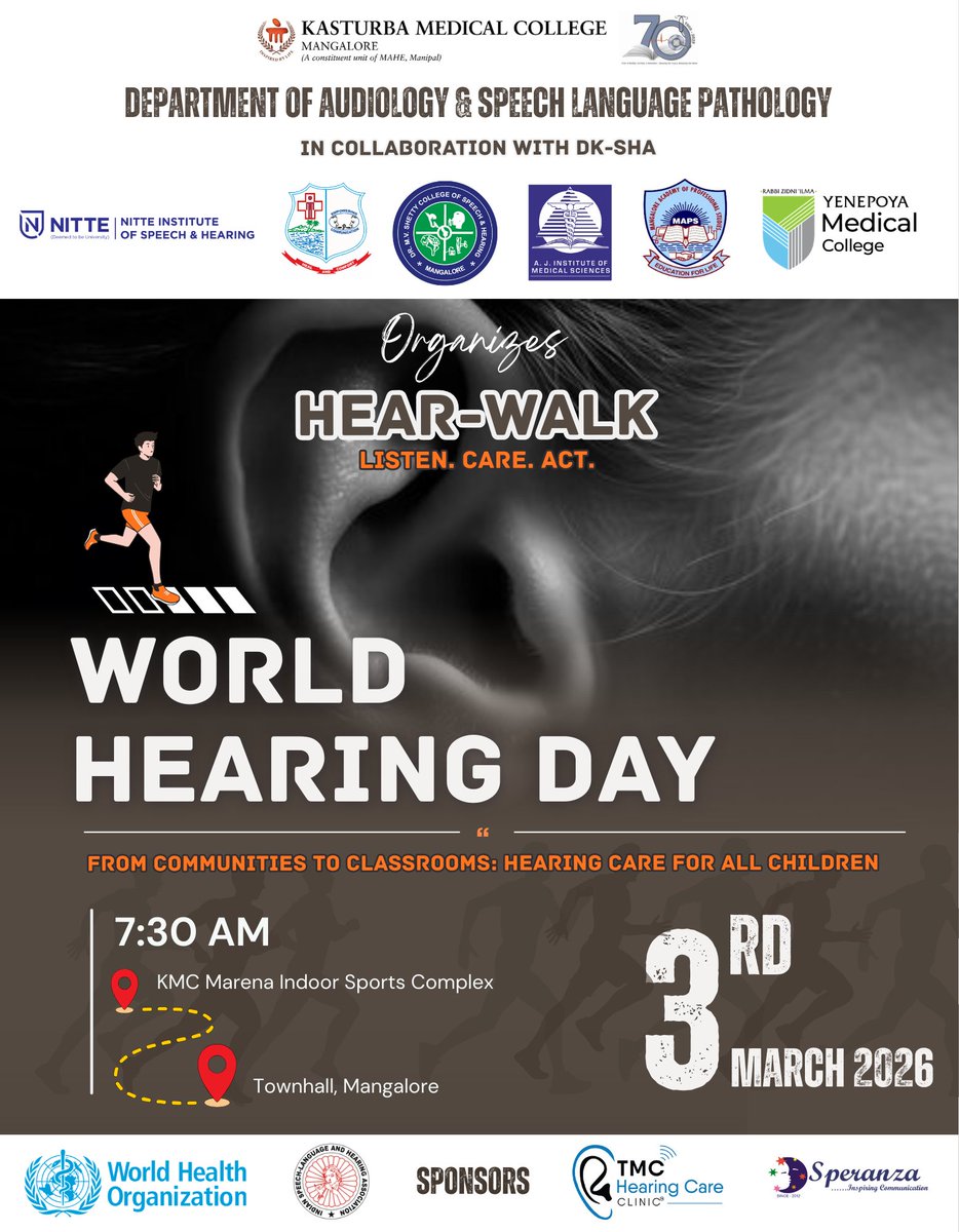 ASLPKMCMLR's tweet photo. Join us for #HEARWALK on #WorldHearingDay to raise awareness for children’s hearing care.
🗓 Mar 3 | 📍 KMC Marena → Mangaluru Town Hall
#KMCMangalore #MAHE https://t.co/MhBKCLJAWg