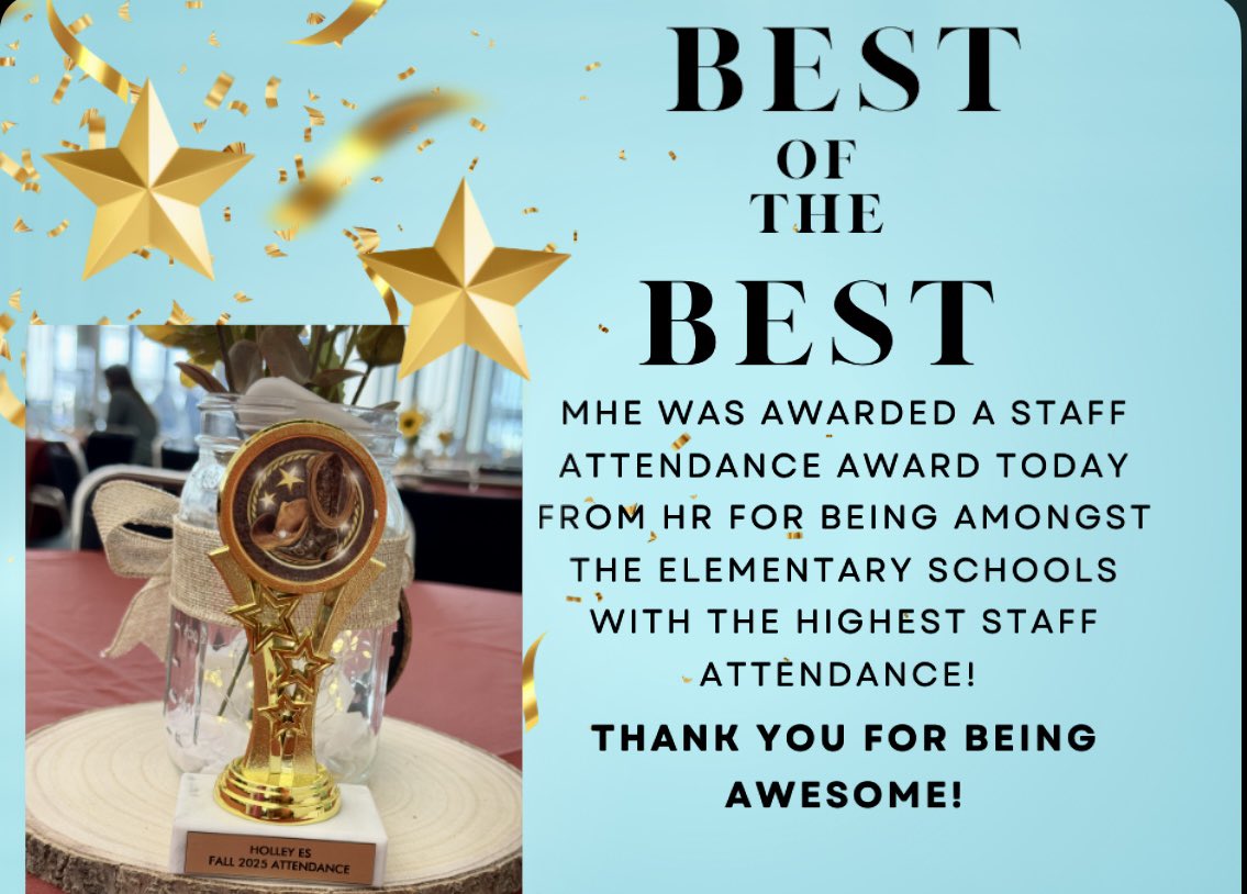 MaryHolleyElem1's tweet photo. So proud of our MHE staff! They are 100% dedicated to helping our students pursue futures beyond their imagination! Kudos on earning a staff attendance award! 
@SSaenzPhillips

Message to Staff. . . https://t.co/4kSkqIFzbb