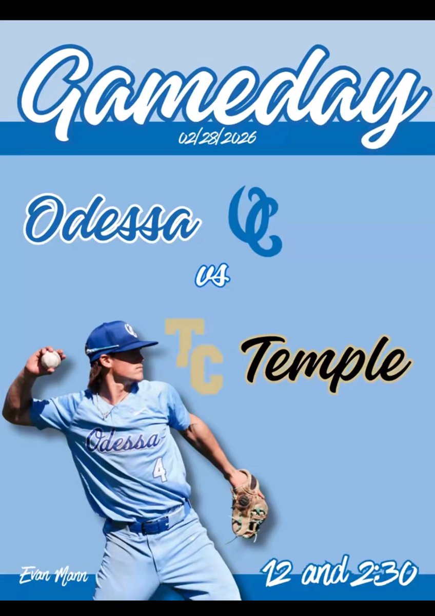 OdessaCBaseball's tweet photo. ‼️Game Day‼️

Your Wranglers close out their February homestand with 2, 7inning games!

🆚 Temple
📍Wrangler Field
⏰ 12pm &amp; 2pm CST

Game 1🎥: https://t.co/sZpYnZ8M9R

Game 2🎥: https://t.co/dd9B4Tns5N https://t.co/kp6PeSyc6X
