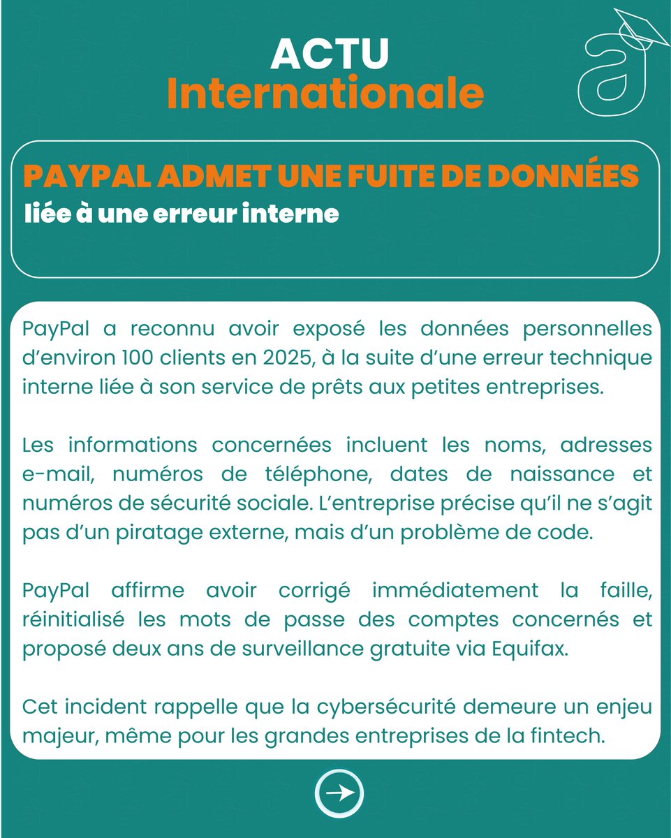 RASA_ESCA's tweet photo. 🟠 NEW RASA #4 | Tech Afrique &amp; Monde 🌍
🇸🇳 2Africa opérationnel : un boost majeur pour la connectivité du Sénégal et son positionnement en hub numérique.

💳 PayPal : fuite de données touchant ~100 clients, mots de passe réinitialisés + suivi via Equifax.

#NewRasa https://t.co/fO5amfwyZY