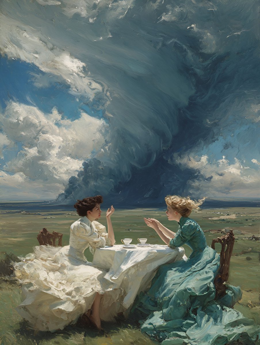 golgothine's tweet photo. Priorities
Surreal oil painting of a windy high tea.
#midjourney #Tornado https://t.co/VN7Gyngl80