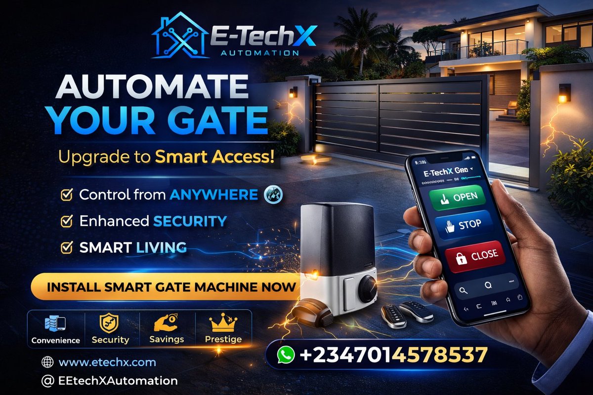 e_techx's tweet photo. Arrive home. Gate opens automatically. 🚘
No stress. No manual pushing. No security worries.
Upgrade to a Smart Gate Machine today.
📞 07014578537
#SmartGate #ETechXAutomation https://t.co/lCZdTd76E7