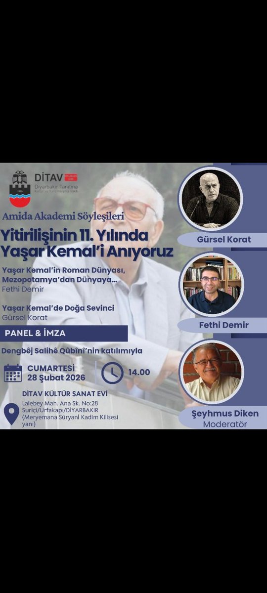 diyarkes's tweet photo. Bugün #Ditav'ın ev sahipliğinde
#ŞeyhmusDiken'in medaratörlüğünde çok güzel bir #YaşarKemal'ianma programı gerçekleşti,
Duygu ve düşünceler en saf haliyle dile geldi , #Dengbej kelamları okundu ...
Teşekkürler
#ŞeyhmusDiken
#FethiDemir
#GürselKorat
#Dengbej
#Ditav https://t.co/owlR5ysLAG