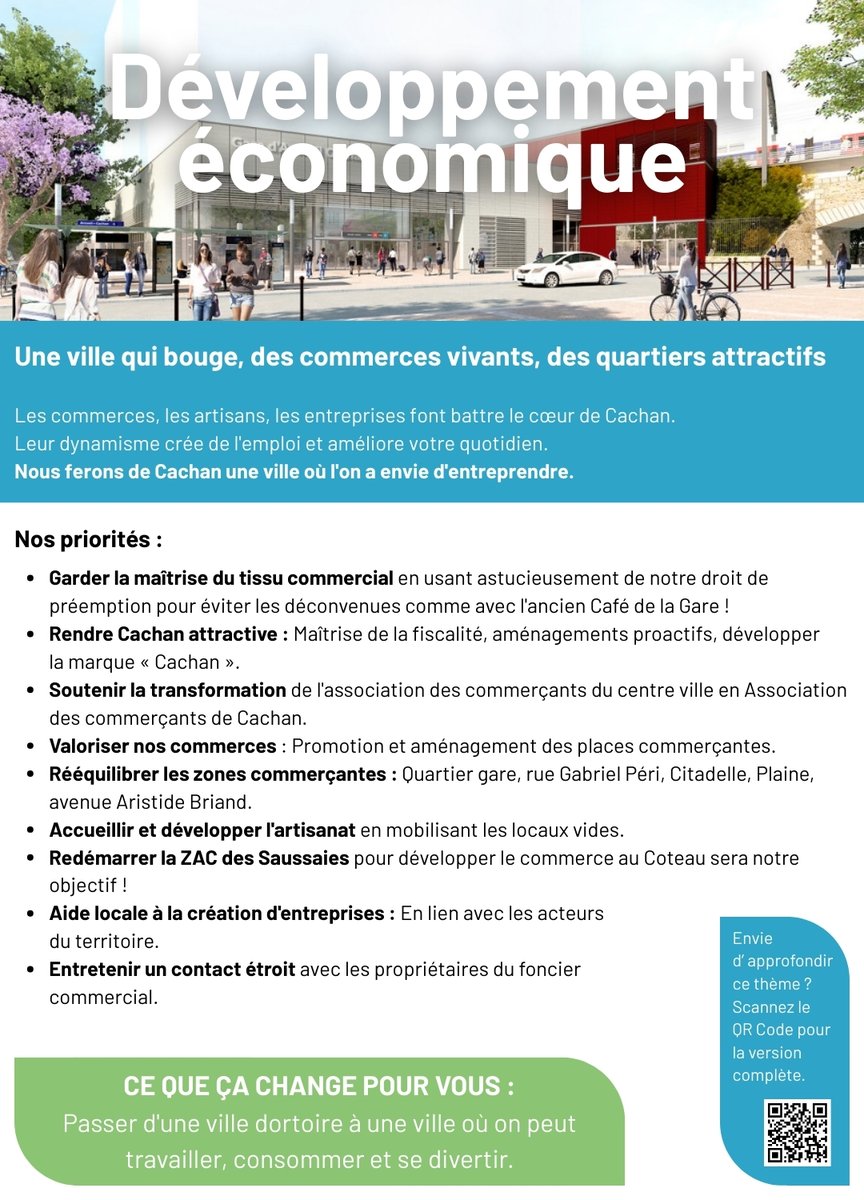 En_Avant_Cachan's tweet photo. 🏪 Faisons de #Cachan une ville où l'on a envie d'entreprendre ! Nous utiliserons notre droit de préemption pour maîtriser le tissu commercial, redémarrerons la ZAC des Saussaies et soutiendrons nos artisans. Fini la ville dortoir ! 💼
#CommerceLocal #Municipales2026 #Economie https://t.co/hEdlO00y7z