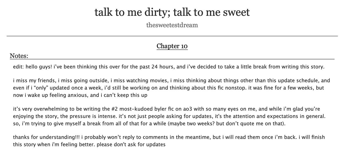 i hope no one pressures them anymore after this and all patiently wait for when they start updating again, pls don’t forget these writers are real people with their own lives &amp; they said they’ll come back when they’re feeling better