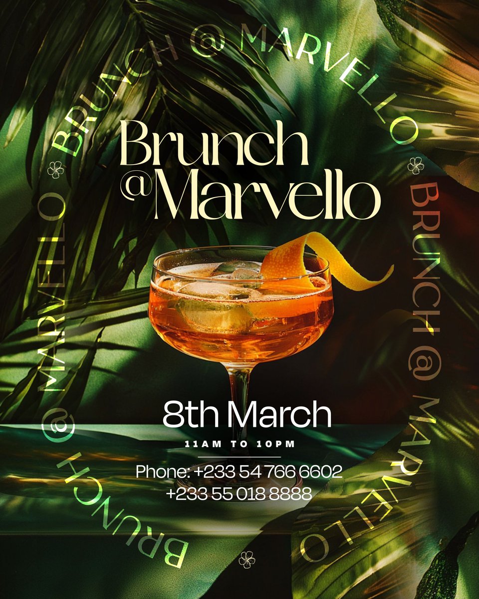 DJMensahEvents's tweet image. Not just Brunch it's MARVELLO szn 🌴🍸 

8th March • 11AM-10PM

 • Labone's finest glow-up spot.
Cocktails that slap harder than your ex's notifications.
Good music, better company, endless vibes.
Slide through or FOMO forever. 
Reservations popping: +233 54 766 6602

#Brunch