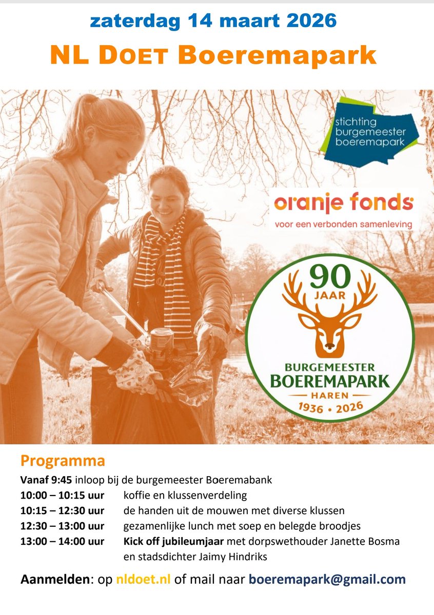 Boeremapark's tweet photo. Zaterdag 14 met NL Doet.  Aansluitend kick off jubileum jaar met dorpswethouder Janette Bosma en stadsdichter Jaimy Hendriks https://t.co/NvW8s828uW