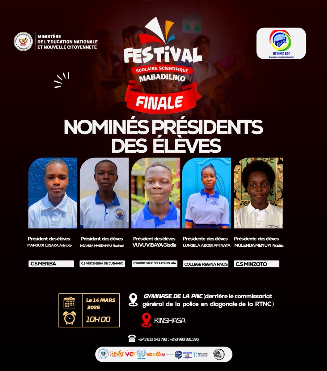 DISTINCTIONS FESCOMA KIN 2026
#CATEGORIE 2 : MEILLEUR PRESIDENT DES ELEVES
Ils ont l'audace, la vision et la science au cœur de leurs actions.
Voici les 5 NOMINÉS pour le Prix du Meilleur Président des Élèves de cette 2ème édition du Festival MABALIDIKO : 5 noms, 1 seul trophée.
