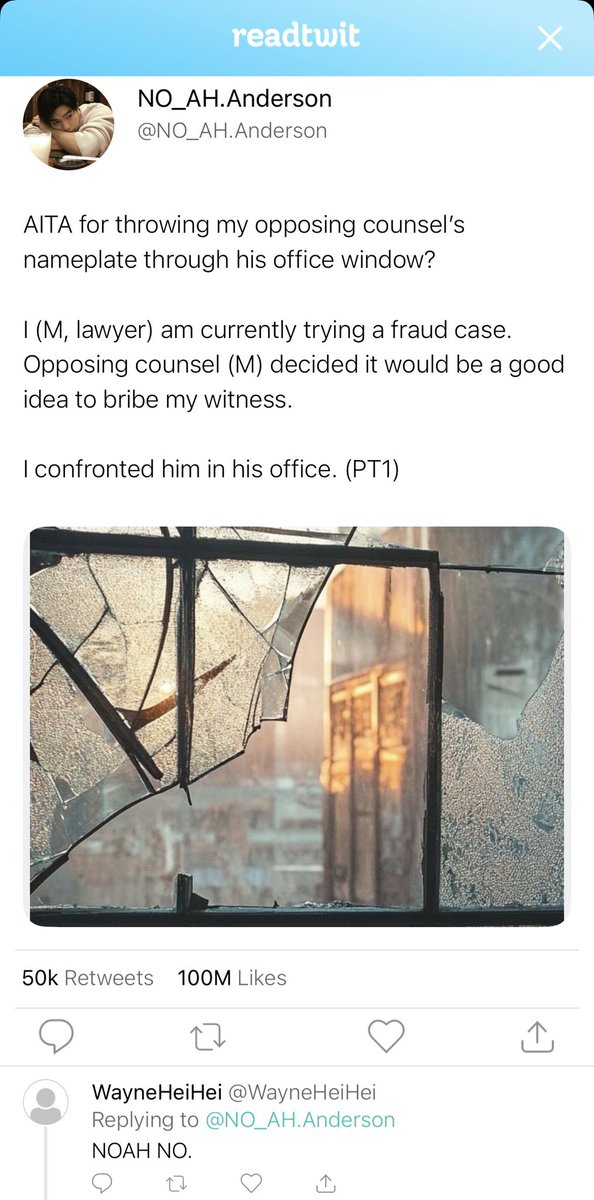 TGTRTETLTI's tweet photo. Two elite lawyers.

Opposite sides of the courtroom.
Same bad decisions.

Fight till death in court. Kiss and makeup in the bedroom? 👀

Noah: AITA for breaking his window?
#UnhingePit #LGBT #A #R https://t.co/hnPZJ5t1Oe