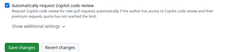 GitHub Copilot のレビュー能力、ベテランエンジニアをとっくに超えた水準だし無料で使えるのがおかしいほどの性能があるのでみんな使うべき
リポジトリの Settings -> Ruleset で設定するだけだし、めちゃ簡単なので