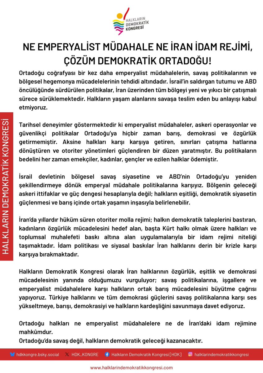 Ne emperyalist müdahale ne İran idam rejimi, çözüm Demokratik Ortadoğu! 

Halkların Demokratik Kongresi olarak İran halklarının özgürlük, eşitlik ve demokrasi mücadelesinin yanında olduğumuzu vurguluyor; savaş politikalarına, işgallere ve emperyalist müdahalelere karşı halkların