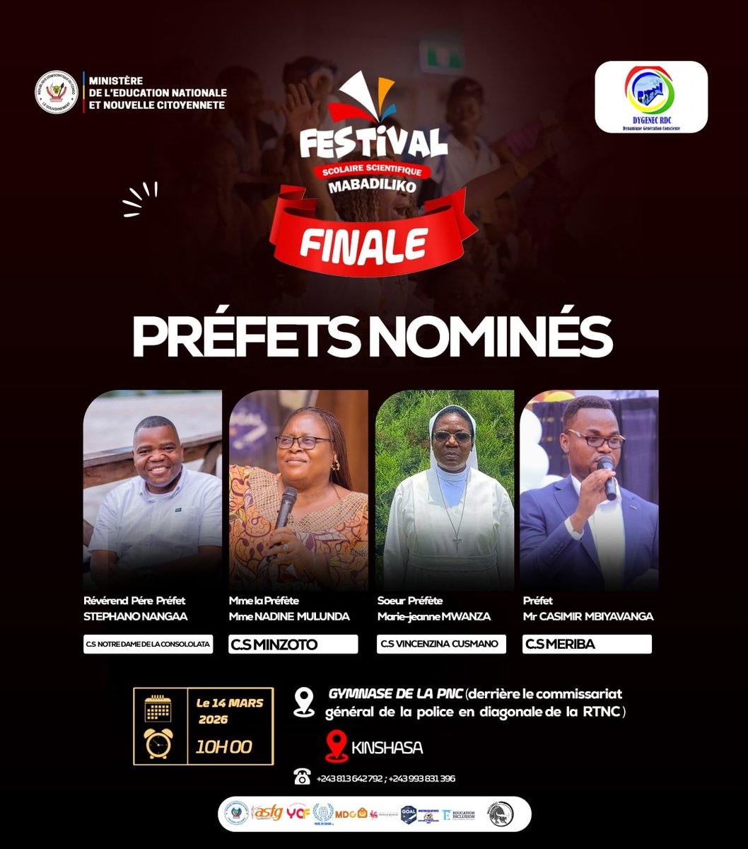 DISTINCTIONS FESCOMA KIN 2026
#CATEGORIE 1:  MEILLEUR(E) CHEF(FE) D'ETABLISSEMENT
Le Festival Mabadiliko n’est pas qu’un événement, c’est une explosion d’énergie citoyenne. Et au cœur de cette révolution, il y a des visages. Des préfets qui n'ont pas attendu demain pour agir.