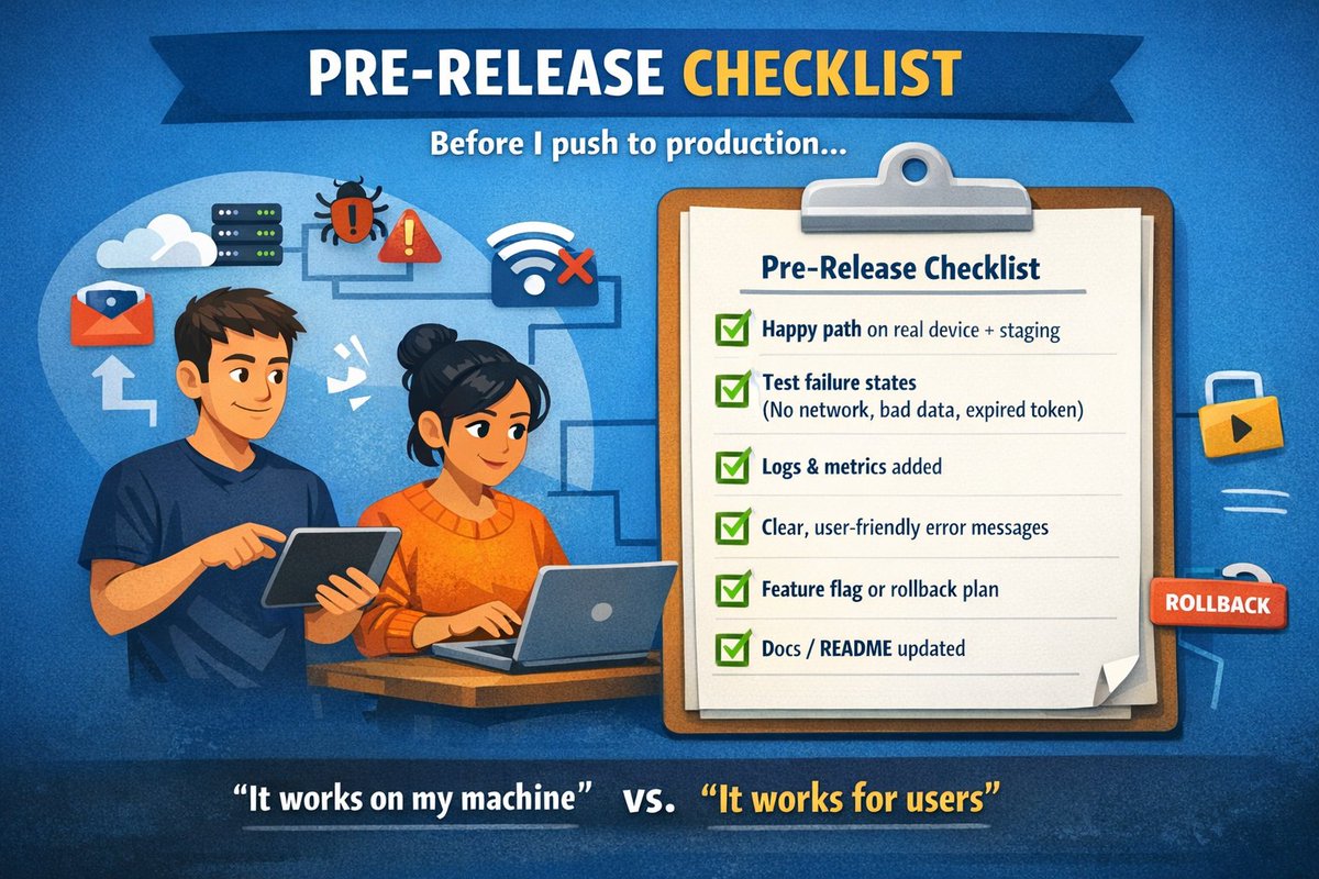 PrinceUdogod's tweet photo. Pre-release checklist:

☑ happy path
☑ failure states (offline, bad data, auth)
☑ logs/metrics added
☑ human-readable errors
☑ rollback plan / flag
☑ docs updated

Shipping is a feature.

#FullStack #SoftwareEngineering https://t.co/JQRDjfm0AJ