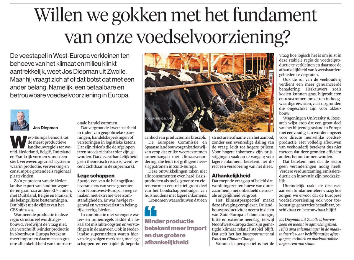 Het structureel verkleinen van de veestapel in West-Europa klinkt sympathiek.
Maar minder productie hier betekent méér import. En dus méér afhankelijkheid.

Afhankelijkheid van regio’s waar klimaat, geopolitiek en standaarden (veel) minder stabiel zijn.

Voedselzekerheid is geen