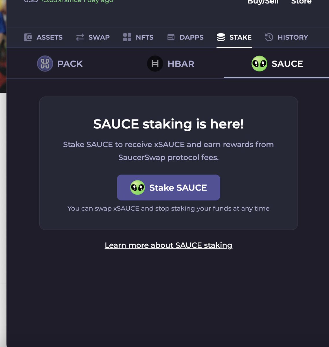 Ya se puede stakear $SAUCE directamente desde la wallet de <a href="/hashpack/">HashPack Wallet</a> 

Más exposición para el token $SAUCE y sobretodo menos fricción para los holders.

Ahora el staking se puede hacer directamente desde tu billetera