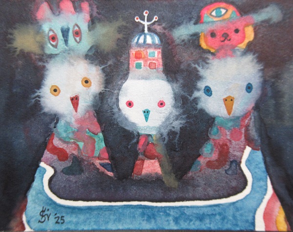 去年の2月28日に描いた絵『黄泉鳥』水彩紙、透明水彩、2025.2.28《ナナ