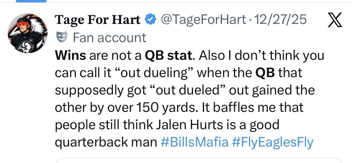 rollomj's tweet photo. @TageForHart You: Josh Allen has the most wins of any QB since 2020.

Also you: Wins are not a QB stat. https://t.co/lAeXSBNO1Y