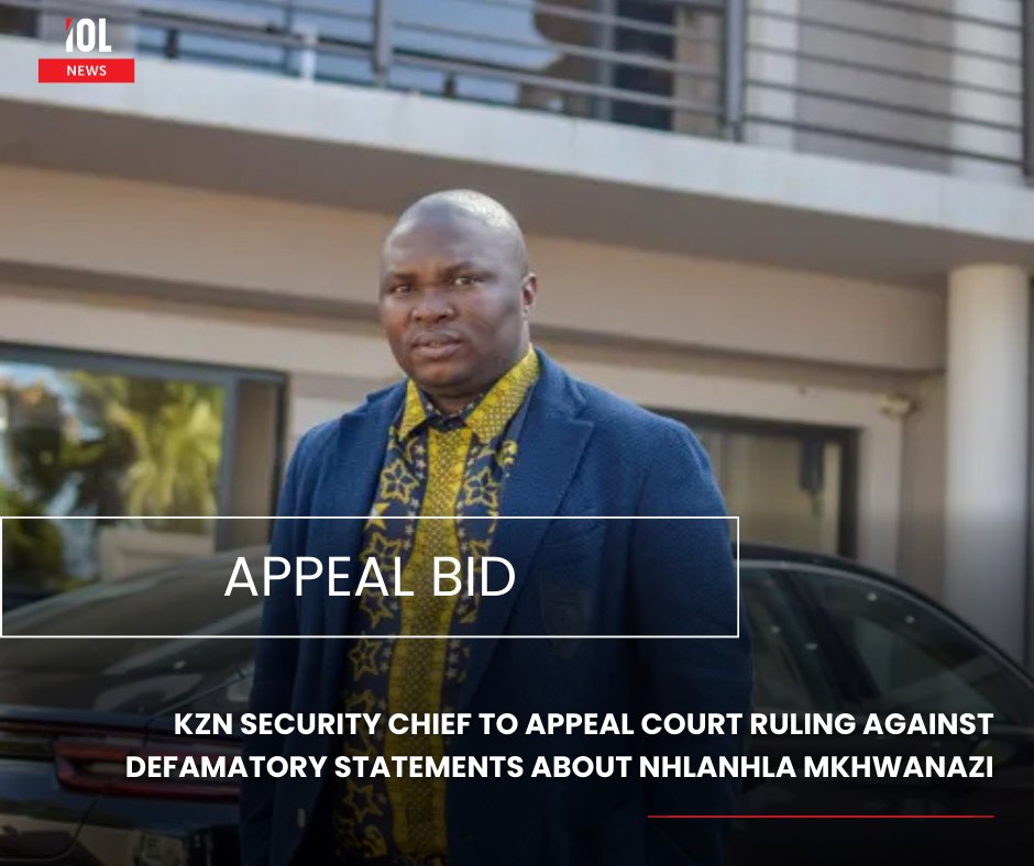 IOL's tweet photo. KwaZulu-Natal security boss Calvin Mojalefa Mathibeli is appealing a Durban High Court interdict order that prevents him from making further defamatory statements against KZN Police Commissioner Lieutenant-General Nhlanhla Mkhwanazi.
#NhlanhlaMkhwanazi #CalvinMathibeli #KZN #Highcourt
Read on https://t.co/LoQ2GrbzIi