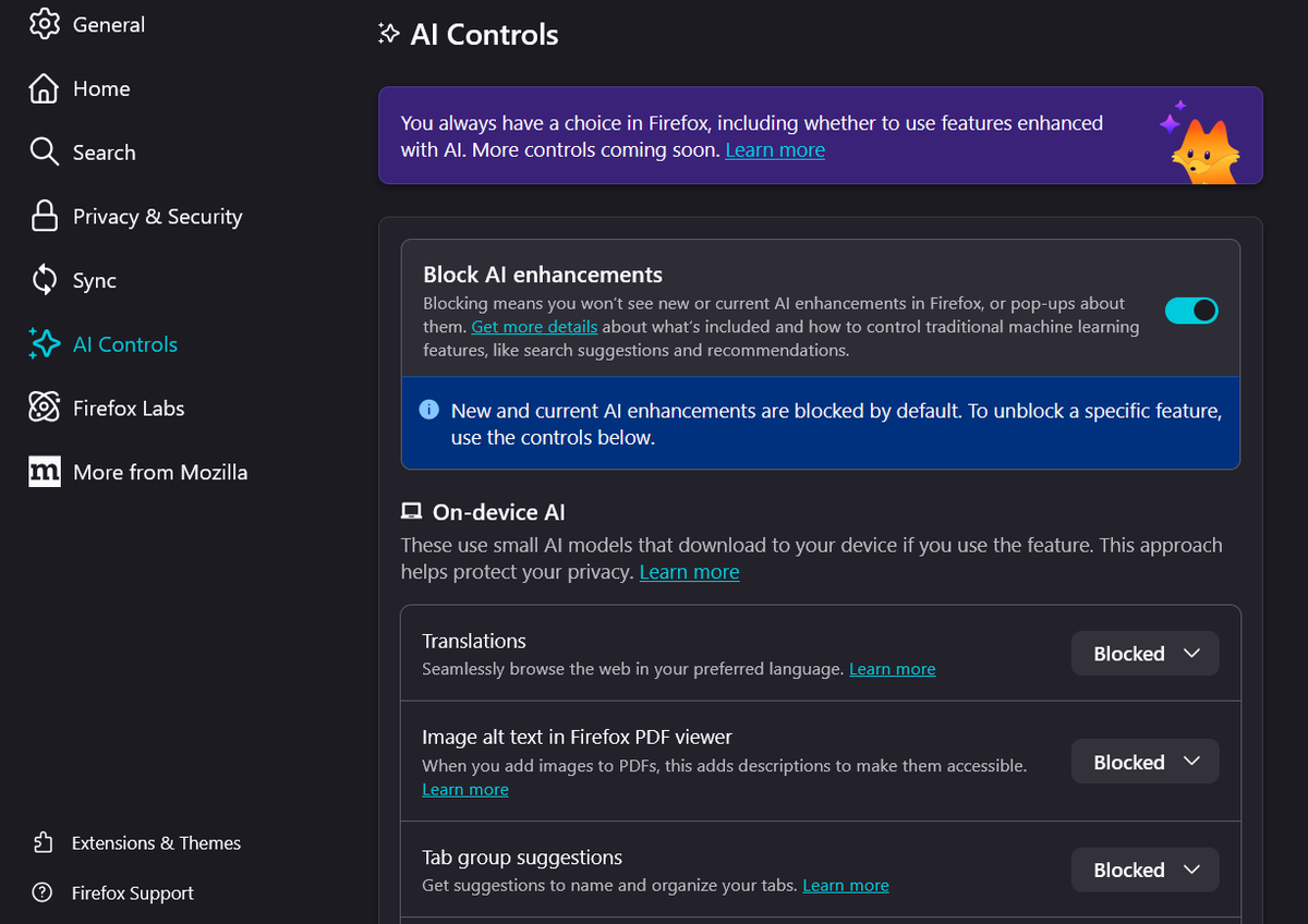 If you're a Firefox user you can now block all AI "enhancements" in the settings.