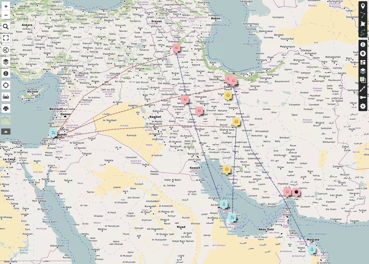 rlaures's tweet photo. 🗺️ Une cartographie des opérations militaires d'aujourd'hui (Iran, Israël et US).

3 calques :
💥 Frappes israélo-US
🚀 Riposte iranienne vers Israël et les bases US
✈️ Exclusion aérienne civile

https://t.co/CVa1fYsezt

#Iran #Israël #USA #GuerreIran #Cartographie #Géopolitique https://t.co/2g1HmgIjvp