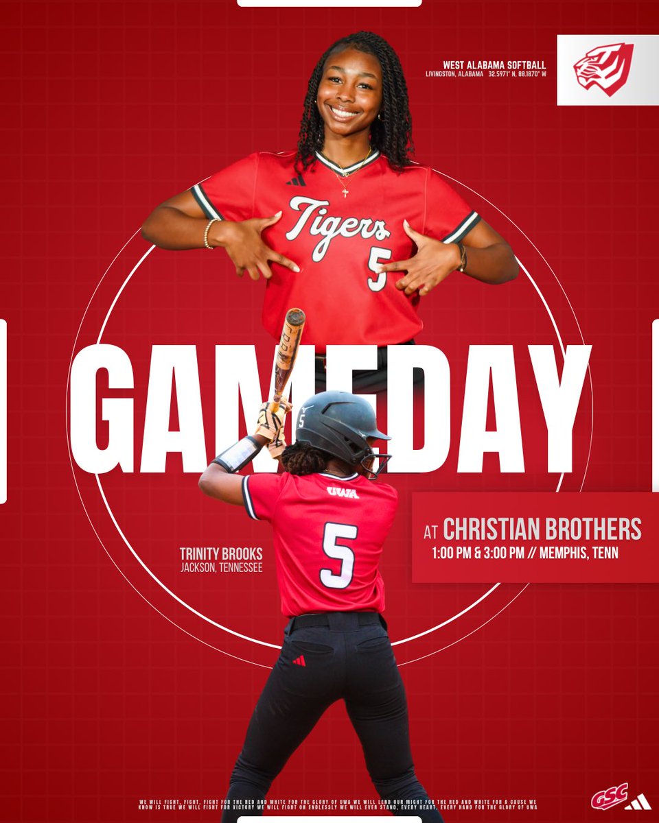 UWA_Softball's tweet photo. Let’s play two in Memphis!

🥎: vs Christian Brothers 
⌚️: 1:00 | 3:00 PM
📍: Memphis, TN
📺: FloCollege https://t.co/olQsiwQL2q