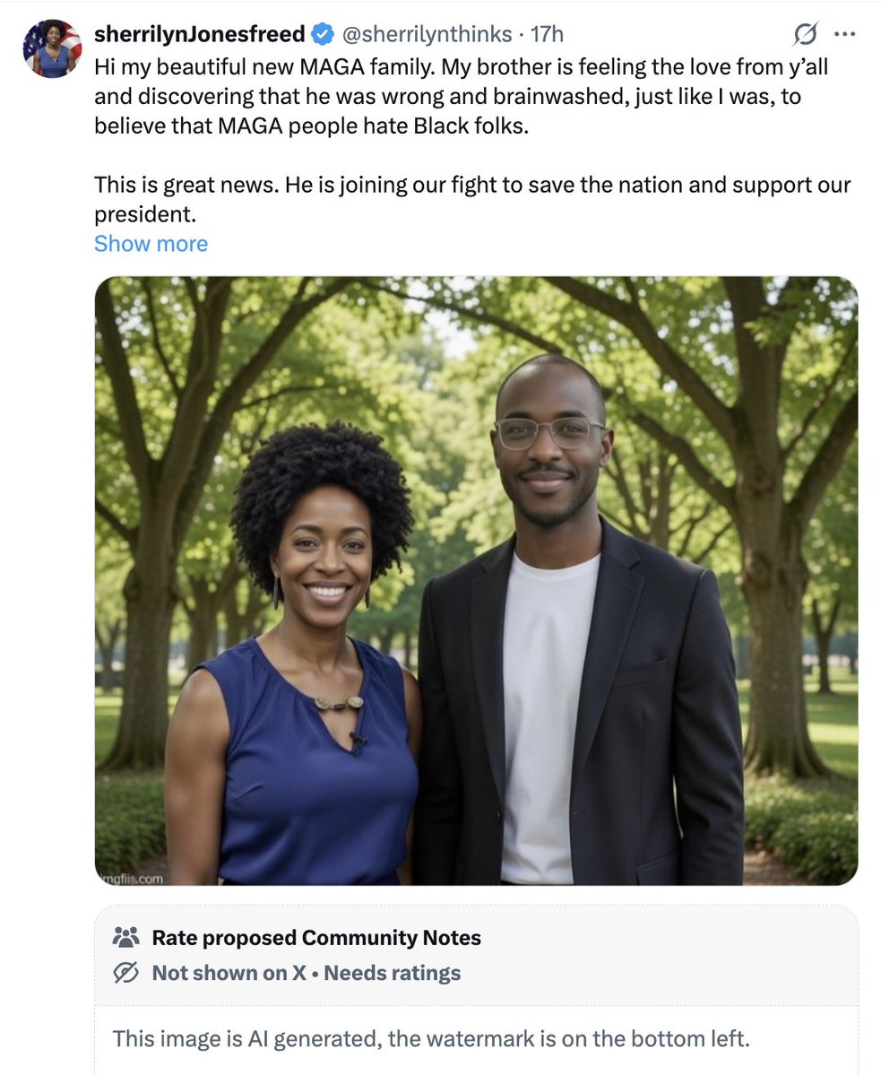 New North Carolina-based MAGA account that just posts fake AI-generated images of Black Trump supporters. Classy.