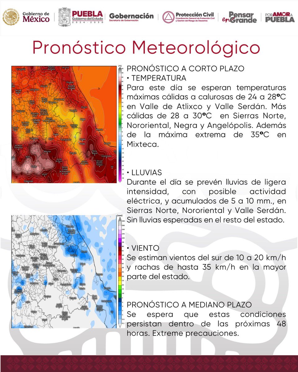 Ambiente caluroso este sábado en #Puebla; se prevén lluvias ligeras con posible actividad eléctrica en Sierras Norte, Nororiental y Valle Serdán, sin precipitaciones en el resto del estado.