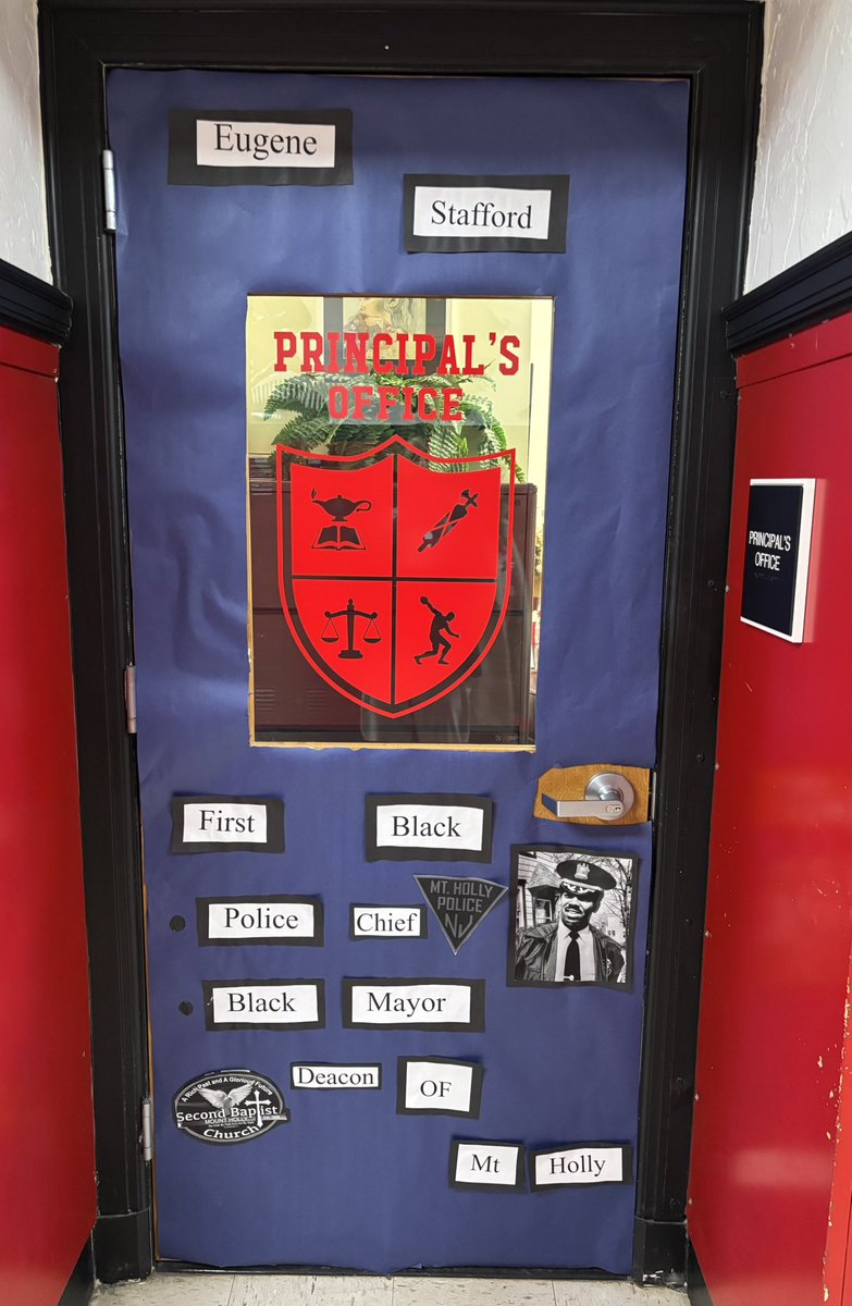 PrincipalRVRHS's tweet photo. As we wrap up Black History Month, I’m showcasing my selection for our door decorations this year. Didn’t look too far, as RV grad from ‘53, the incomparable Mr. Eugene Stafford is my guy!

Gentleman, RV Alum, first black Mt. Holly police officer, chief, &amp; mayor! #RVPride ⭐️ 🇺🇸 https://t.co/gX8fJCLcHs