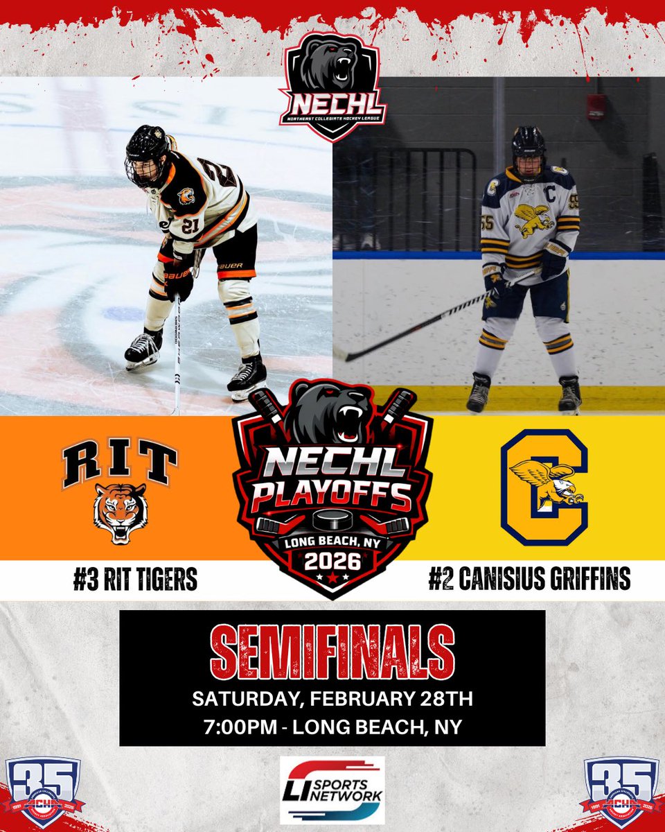 #nechl Semifinals: 2nd Seed Canisius vs 4th Seed RIT

⏰ 7:00pm
📺 youtube.com/live/CTVO1BN8x…
📍 Long Beach Municipal Ice Arena
#gameday #playoffs