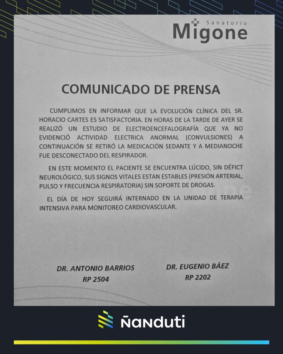 nanduti's tweet image. Informe médico de Horacio Cartes: “Su evolución es satisfactoria”

▪️A través de un comunicado, el equipo médico encargado de la salud del exmandatario, brindó una nueva actualización.

📝"En horas de la tarde de ayer se realizó un estudio de electroencefalografía que ya no