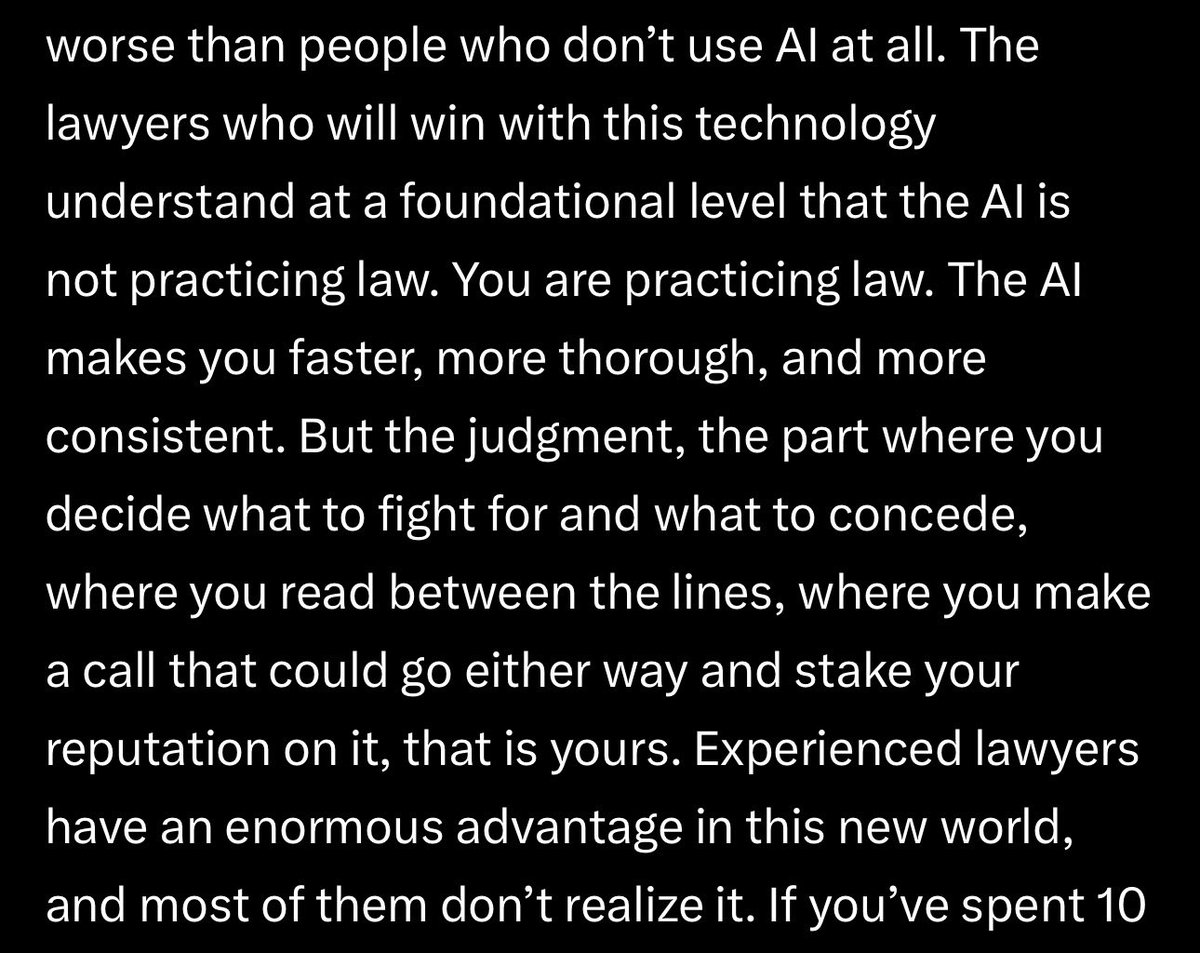 heyitsalexsu's tweet photo. One of the best articles on AI and practicing law that I’ve read. Lots of tactical examples. The big takeaway: https://t.co/iIBLGk5Q38
