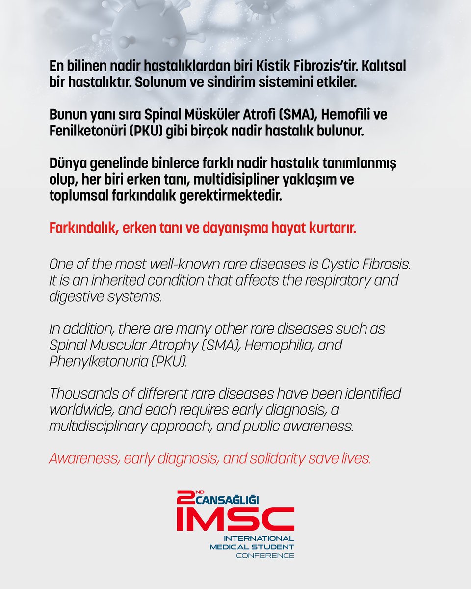 👉 Dünyada 300, Türkiye’de 5–7 milyon kişi nadir hastalıklarla yaşıyor. 
Her nadir hastalık bir hayat demek.
Görmezden gelmeyelim, birlikte olalım. 🫂 #2ndCIMSC

👉 Over 300 million people worldwide, and 5–7 million in Türkiye, live with rare diseases. 
 Let’s be together. 🫂