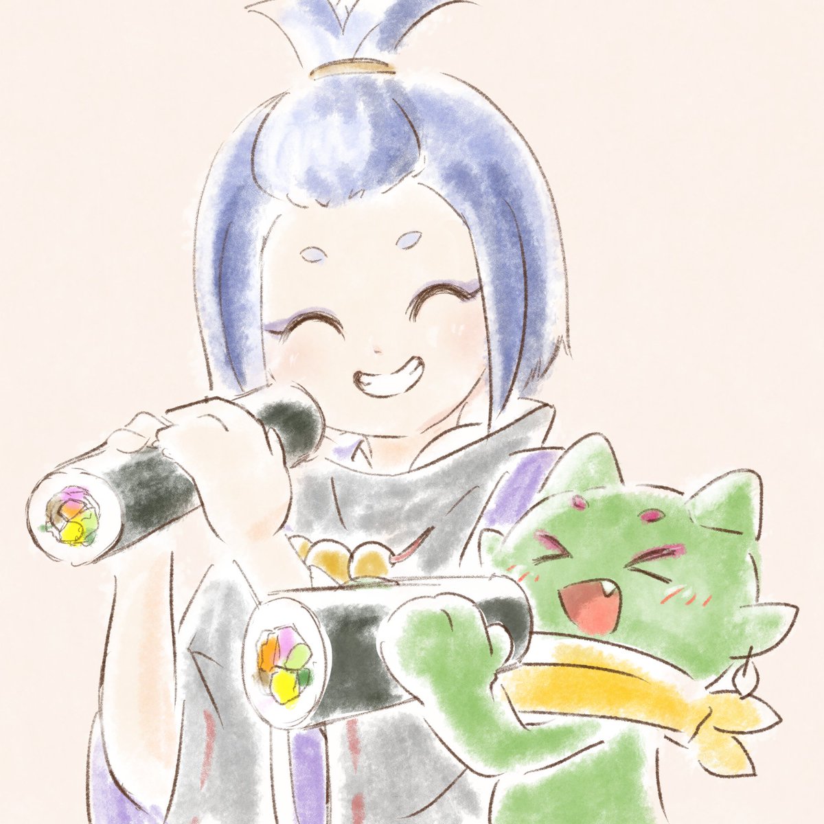 2月のにんじゃーと学園🎨
テーマ「節分」で課題提出です👻🖌🎶

恵方巻きをもりもり食べたら、おおきくなれるかもと思っている🤭
しのぴヤーマくんと、にっこりイブキさんを描きました～😊
#ninjart