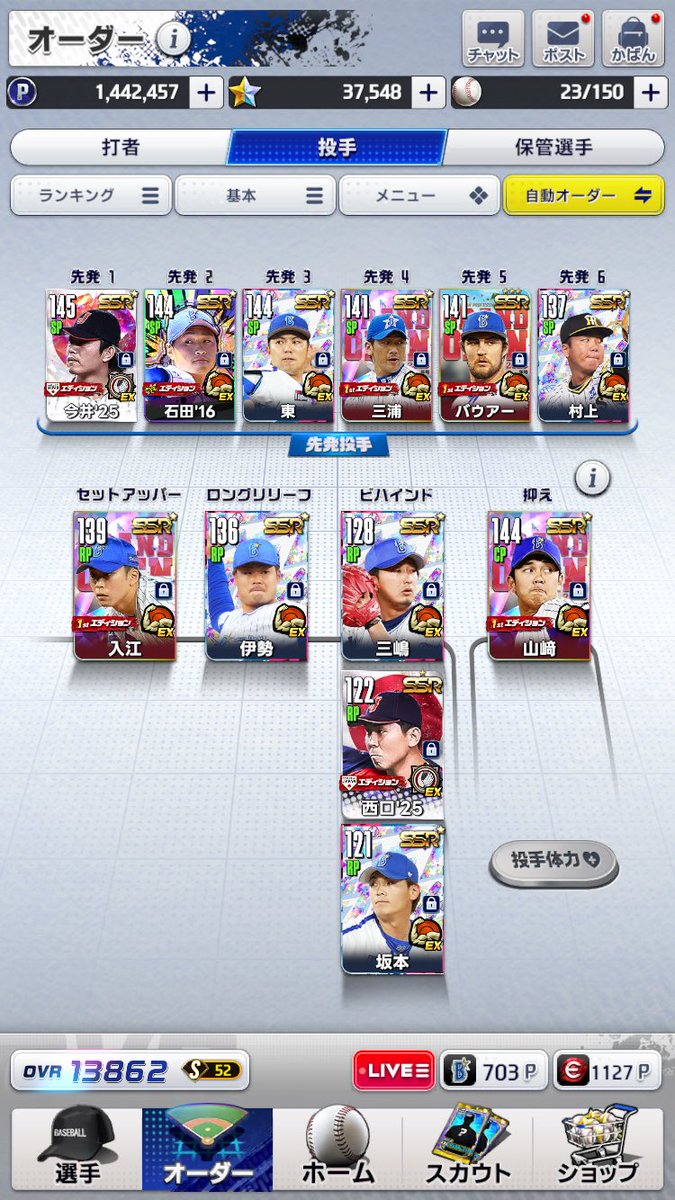 ランチャレのローテーション決め方法
勝負所→今井
捨て試合1→村上
ステ試合 2→バウアー
その他強い相手から石田健、番長、東の順

で投げてるのにバウアー勝利数多いのなんで？笑
体感強い相手とやる割にバウアーは援護率謎に高く今井は低い笑

#プロ野球ライジング
#プロライ
#プロ野球RISING