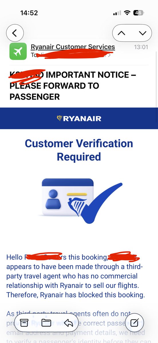 mrssawers's tweet photo. @Ryanair hello!! Just booked flights this morning through your app and received this email. Somewhat confused it says booked through a 3rd party when I booked via the app.🤔🧐 https://t.co/hpBOlh8xbs