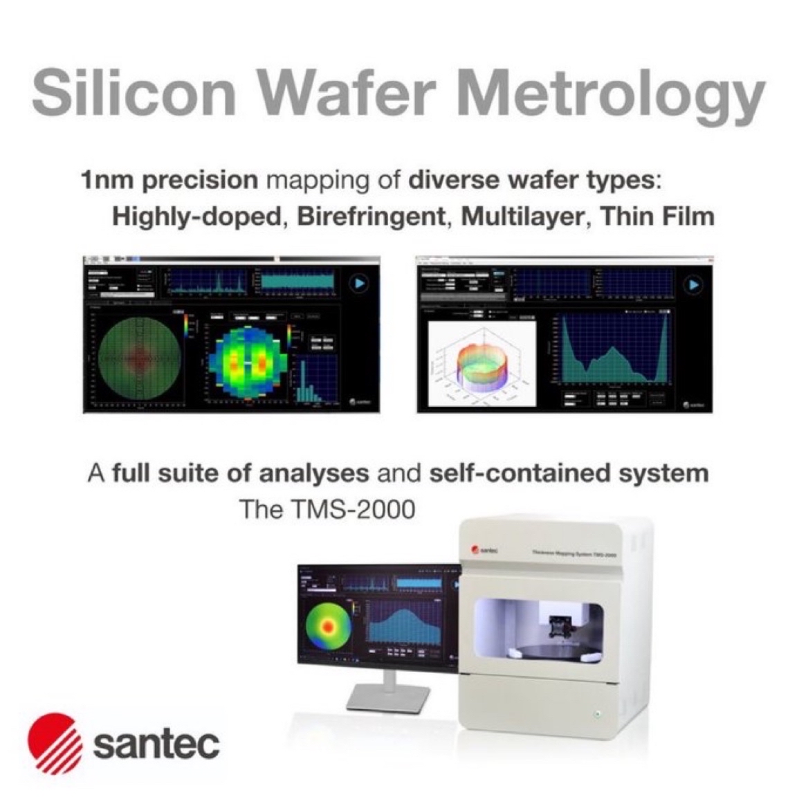 santec_corp's tweet photo. The Santec TMS-2000 Wafer Thickness Measurement System delivers 1 nm-level precision wafer mapping for advanced semiconductor manufacturing — engineered for highly doped, birefringent, multilayer, and thin-film wafers. https://t.co/gr59wsGqah