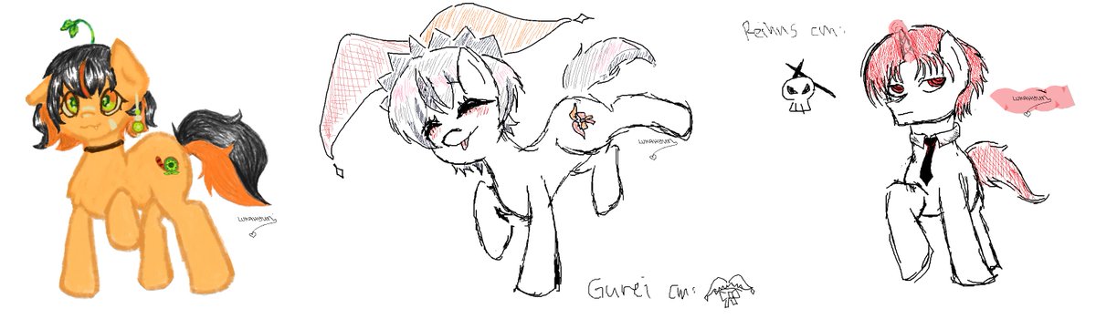 I told myself not to color but since I did that, it took so long to finish, so the others are just sketches.

Anywho, I had fun ponifying their models and I would love to do it again with other vtubers soon! Peep their cutiemarks!

(Someday I'll have my own LIVE2D Pony) #mlpart