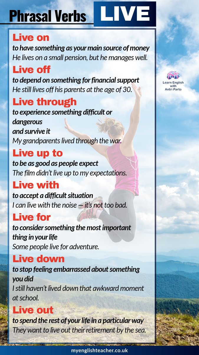 MyLinguaAcademy's tweet photo. Don’t just live with your English… live it up! 😉
Learn the most useful phrasal verbs with LIVE
#learnenglish #ESL #EFL #B2First #C1Advanced #MyLinguaAcademy https://t.co/K1c9VAMkKW